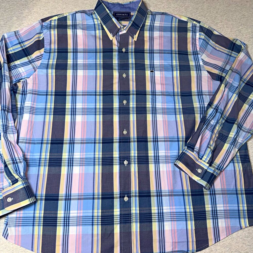 Crown & Ivy Men's 2XL Classic Fit Long Sleeve Plaid Button-Down Cotton Stretch